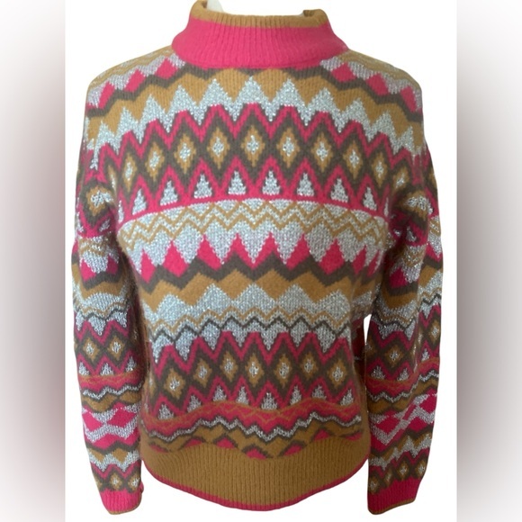 Andrew Marc Pink & Brown Cowl Neck Sweater w/metallic Nordic Pattern Size Small - Picture 1 of 14